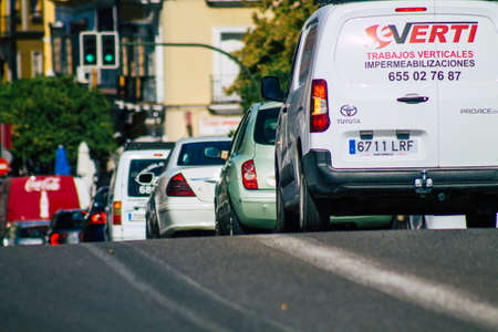 Seville Spain September 22, 2021 Traffic jam in the streets of Seville, an emblematic city and the capital of the region of Andalusia, in the south of Spainの写真素材