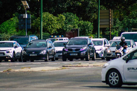 Seville Spain September 15, 2021 Traffic jam in the streets of Seville, an emblematic city and the capital of the region of Andalusia, in the south of Spainのeditorial素材