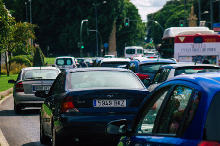 Seville Spain September 15, 2021 Traffic jam in the streets of Seville, an emblematic city and the capital of the region of Andalusia, in the south of Spainのeditorial素材