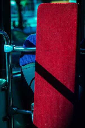 Seville Spain September 15, 2021 Inside a city bus driving through the streets of Seville during the coronavirus outbreak hitting Spain, wearing a mask is mandatoryのeditorial素材