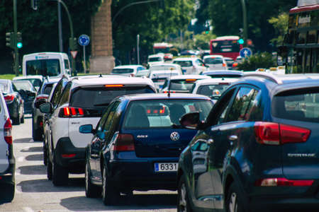 Seville Spain September 15, 2021 Traffic jam in the streets of Seville, an emblematic city and the capital of the region of Andalusia, in the south of Spainのeditorial素材