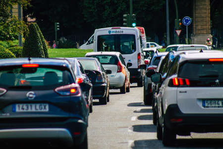 Seville Spain September 15, 2021 Traffic jam in the streets of Seville, an emblematic city and the capital of the region of Andalusia, in the south of Spainのeditorial素材