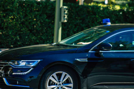 Seville Spain September 18, 2021 Police car patrolling in the streets of Seville during the coronavirus outbreak hitting Spain, wearing a mask in the street is not mandatoryのeditorial素材