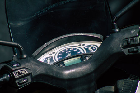 Seville Spain September 18, 2021 Motorcycles parked in the streets of Seville, an emblematic city and the capital of the region of Andalusia, in the south of Spainのeditorial素材