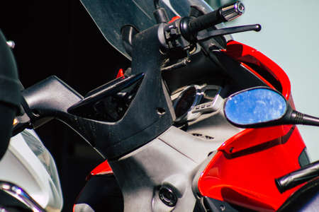 Seville Spain September 18, 2021 Motorcycles parked in the streets of Seville, an emblematic city and the capital of the region of Andalusia, in the south of Spainのeditorial素材