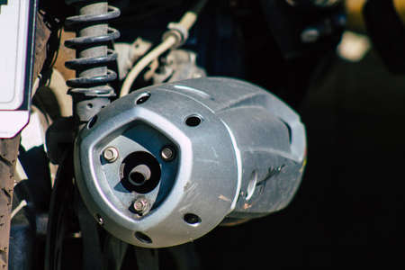 Seville Spain September 18, 2021 Motorcycles parked in the streets of Seville, an emblematic city and the capital of the region of Andalusia, in the south of Spainのeditorial素材