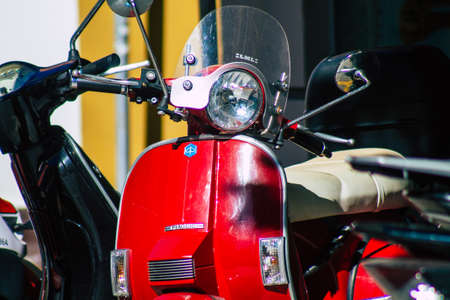 Seville Spain September 18, 2021 Motorcycles parked in the streets of Seville, an emblematic city and the capital of the region of Andalusia, in the south of Spainのeditorial素材