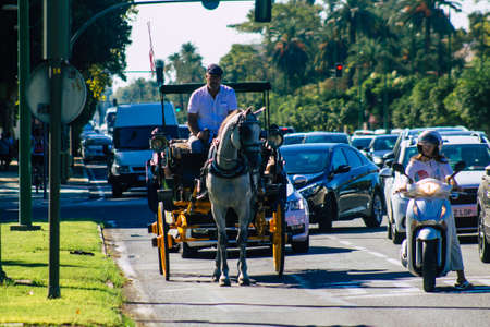 Seville Spain September 18, 2021 Horse drawn carriage ride through the streets of Seville during the coronavirus outbreak hitting Spain, wearing a mask is mandatoryのeditorial素材