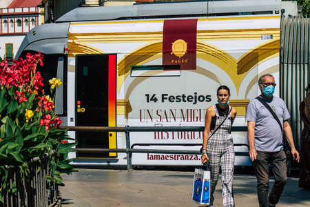 Seville Spain September 18, 2021 Modern electric tram for passengers rolling through the streets of...