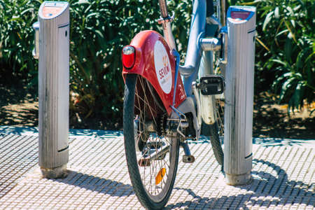 Seville Spain September 18, 2021 Accessible bicycles to hire for short periods of time, usually for...