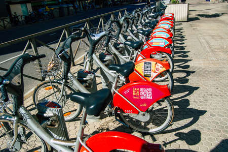 Seville Spain September 18, 2021 Accessible bicycles to hire for short periods of time, usually for a few hours parked in the street and part of the public transport system of Sevilleのeditorial素材