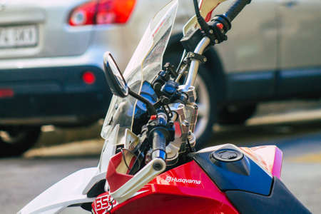 Seville Spain September 18, 2021 Husqvarna TR 650 motorcycle parked in the streets of Seville, an emblematic city and the capital of the region of Andalusiaのeditorial素材