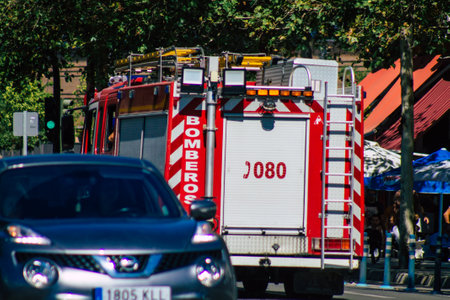 Seville Spain September 18, 2021 Fire engine in the streets of Seville, an emblematic city and the capital of the region of Andalusia, in the south of Spainのeditorial素材