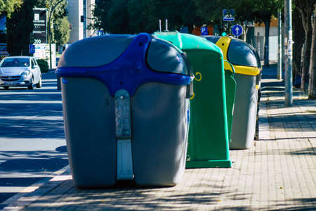Seville Spain September 18, 2021 Garbage container in the streets of Seville, an emblematic city and...