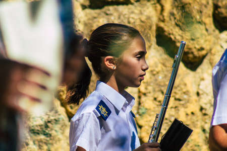 Carmona Spain September 26, 2021 Focus of members of a local music orchestra playing music in the streets of Carmona during the coronavirus epidemic hitting Spainのeditorial素材