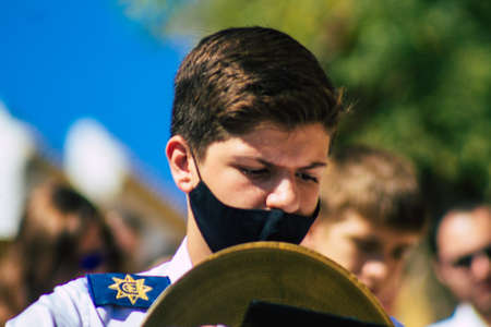 Carmona Spain September 26, 2021 Focus of members of a local music orchestra playing music in the streets of Carmona during the coronavirus epidemic hitting Spainのeditorial素材