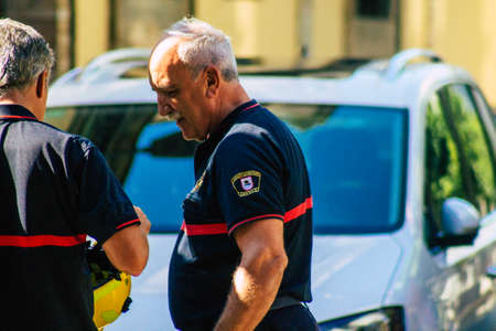Seville Spain September 22, 2021 Seville firefighters training at the fire station during the coronavirus outbreak, they are training in the use of firefighting equipment under intervention conditionsのeditorial素材