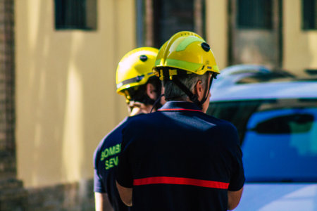 Seville Spain September 22, 2021 Seville firefighters training at the fire station during the coronavirus outbreak, they are training in the use of firefighting equipment under intervention conditionsのeditorial素材
