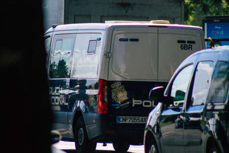 Seville Spain September 22, 2021 Police car patrolling in the streets of Seville during the coronavirus outbreak hitting Spain, wearing a mask in the street is not mandatoryのeditorial素材