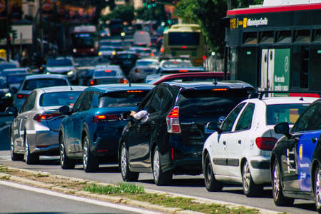 Seville Spain September 22, 2021 Traffic jam in the streets of Seville, an emblematic city and the capital of the region of Andalusia, in the south of Spainのeditorial素材