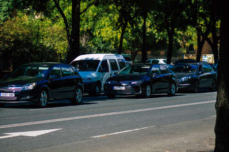 Seville Spain September 22, 2021 Traffic jam in the streets of Seville, an emblematic city and the capital of the region of Andalusia, in the south of Spainのeditorial素材
