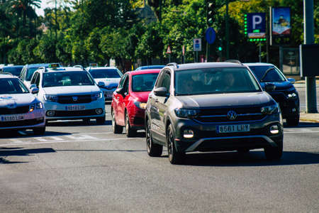 Seville Spain September 18, 2021 Traffic jam in the streets of Seville, an emblematic city and the capital of the region of Andalusia, in the south of Spainのeditorial素材