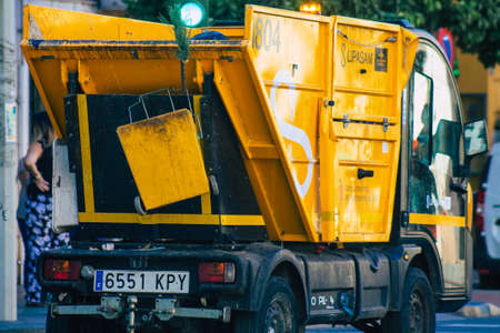 Seville Spain September 18, 2021 Garbage truck driving through the streets of Seville, an emblematic city and the capital of the region of Andalusia, in the south of Spainのeditorial素材