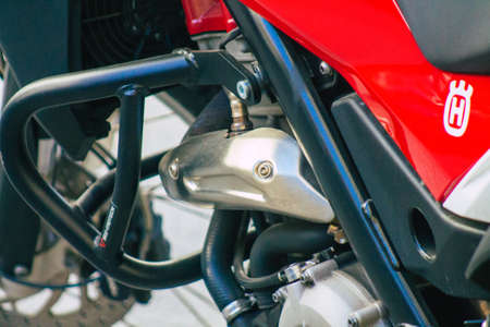 Seville Spain September 18, 2021 Husqvarna TR 650 motorcycle parked in the streets of Seville, an emblematic city and the capital of the region of Andalusiaのeditorial素材