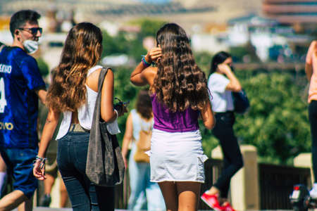 Seville Spain September 18, 2021 Pedestrians walking in the street during the coronavirus outbreak hitting Spain, wearing a mask is not mandatory but most of people wear itのeditorial素材