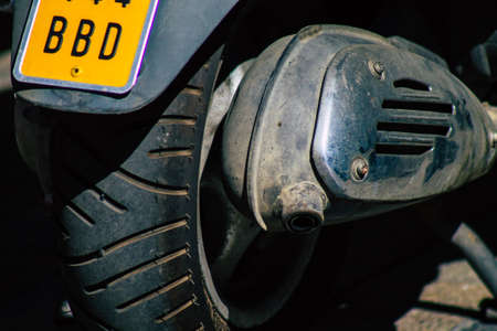 Seville Spain September 18, 2021 Motorcycles parked in the streets of Seville, an emblematic city and the capital of the region of Andalusia, in the south of Spainのeditorial素材