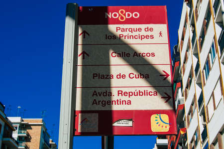 Seville Spain September 18, 2021 Street sign or road sign, erected at the side of or above roads to provide information to road user in the downtown area of Sevilleのeditorial素材