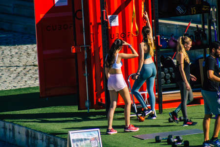 Seville Spain September 18, 2021 Public sports equipment located in the streets of Seville during Coronavirus outbreak hitting Spain, wearing a mask is not mandatory to do this activityのeditorial素材