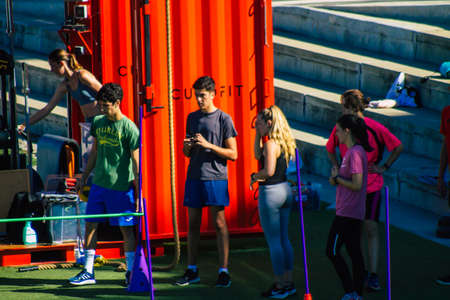 Seville Spain September 18, 2021 Public sports equipment located in the streets of Seville during Coronavirus outbreak hitting Spain, wearing a mask is not mandatory to do this activityのeditorial素材