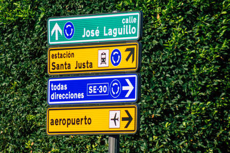 Seville Spain September 22, 2021 Street sign or road sign, erected at the side of or above roads to provide information to road user in the downtown area of Sevilleのeditorial素材