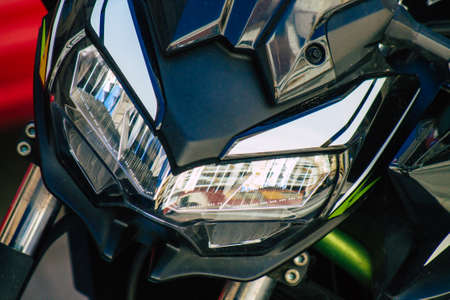 Seville Spain September 18, 2021 Motorcycles parked in the streets of Seville, an emblematic city and the capital of the region of Andalusia, in the south of Spainのeditorial素材