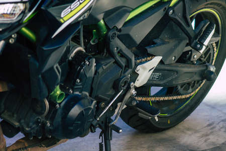 Seville Spain September 18, 2021 Motorcycles parked in the streets of Seville, an emblematic city and the capital of the region of Andalusia, in the south of Spainのeditorial素材