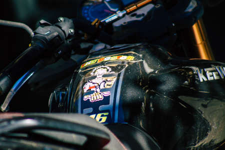 Seville Spain September 18, 2021 Motorcycles parked in the streets of Seville, an emblematic city...