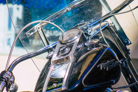 Seville Spain September 18, 2021 Motorcycles parked in the streets of Seville, an emblematic city...