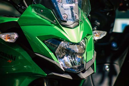 Seville Spain September 18, 2021 Motorcycles parked in the streets of Seville, an emblematic city and the capital of the region of Andalusia, in the south of Spainのeditorial素材
