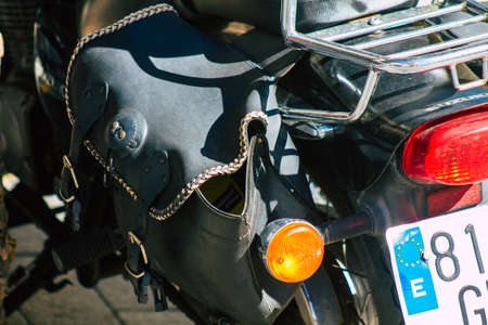 Seville Spain September 18, 2021 Motorcycles parked in the streets of Seville, an emblematic city and the capital of the region of Andalusia, in the south of Spainのeditorial素材