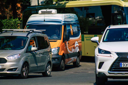 Seville Spain September 28, 2021 Traffic jam in the streets of Seville, an emblematic city and the capital of the region of Andalusia, in the south of Spainの写真素材