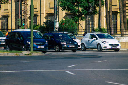Seville Spain September 28, 2021 Traffic jam in the streets of Seville, an emblematic city and the capital of the region of Andalusia, in the south of Spainの写真素材