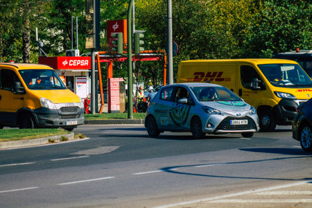 Seville Spain September 28, 2021 Traffic jam in the streets of Seville, an emblematic city and the capital of the region of Andalusia, in the south of Spainの写真素材