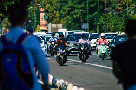Seville Spain September 28, 2021 Traffic jam in the streets of Seville, an emblematic city and the capital of the region of Andalusia, in the south of Spainの写真素材