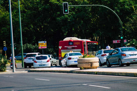 Seville Spain September 28, 2021 Traffic jam in the streets of Seville, an emblematic city and the capital of the region of Andalusia, in the south of Spainの写真素材