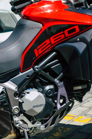 Seville Spain September 04, 2021 Ducati 1260 motorcycle parked in the streets of Seville, an...