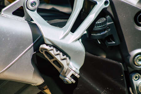 Seville Spain September 04, 2021 Ducati 1260 motorcycle parked in the streets of Seville, an emblematic city and the capital of the region of Andalusia, in the south of Spainのeditorial素材