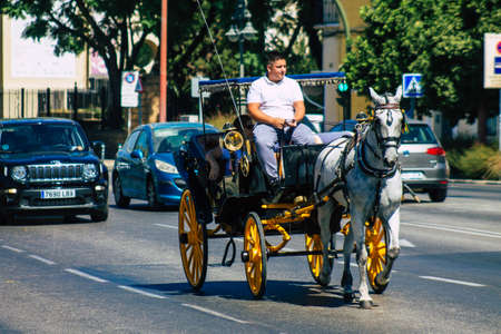 Seville Spain September 04, 2021 Horse drawn carriage ride through the streets of Seville during the coronavirus outbreak hitting Spain, wearing a mask is mandatoryのeditorial素材