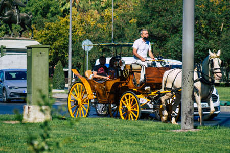 Seville Spain September 04, 2021 Horse drawn carriage ride through the streets of Seville during the coronavirus outbreak hitting Spain, wearing a mask is mandatoryのeditorial素材