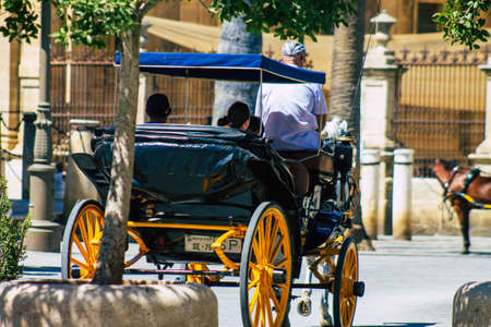 Seville Spain September 04, 2021 Horse drawn carriage ride through the streets of Seville during the coronavirus outbreak hitting Spain, wearing a mask is mandatoryのeditorial素材